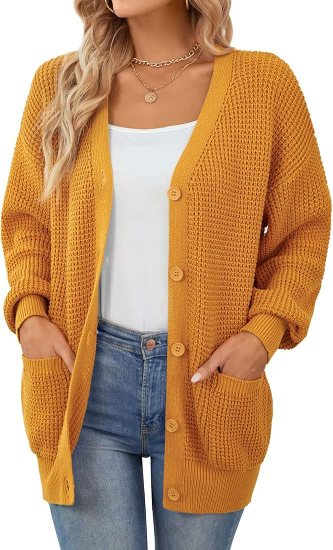 QUALFORT Women's Cardigan Sweater 100% Cotton Button-Down Long Sleeve Oversized Knit Cardigans | Amazon (US)