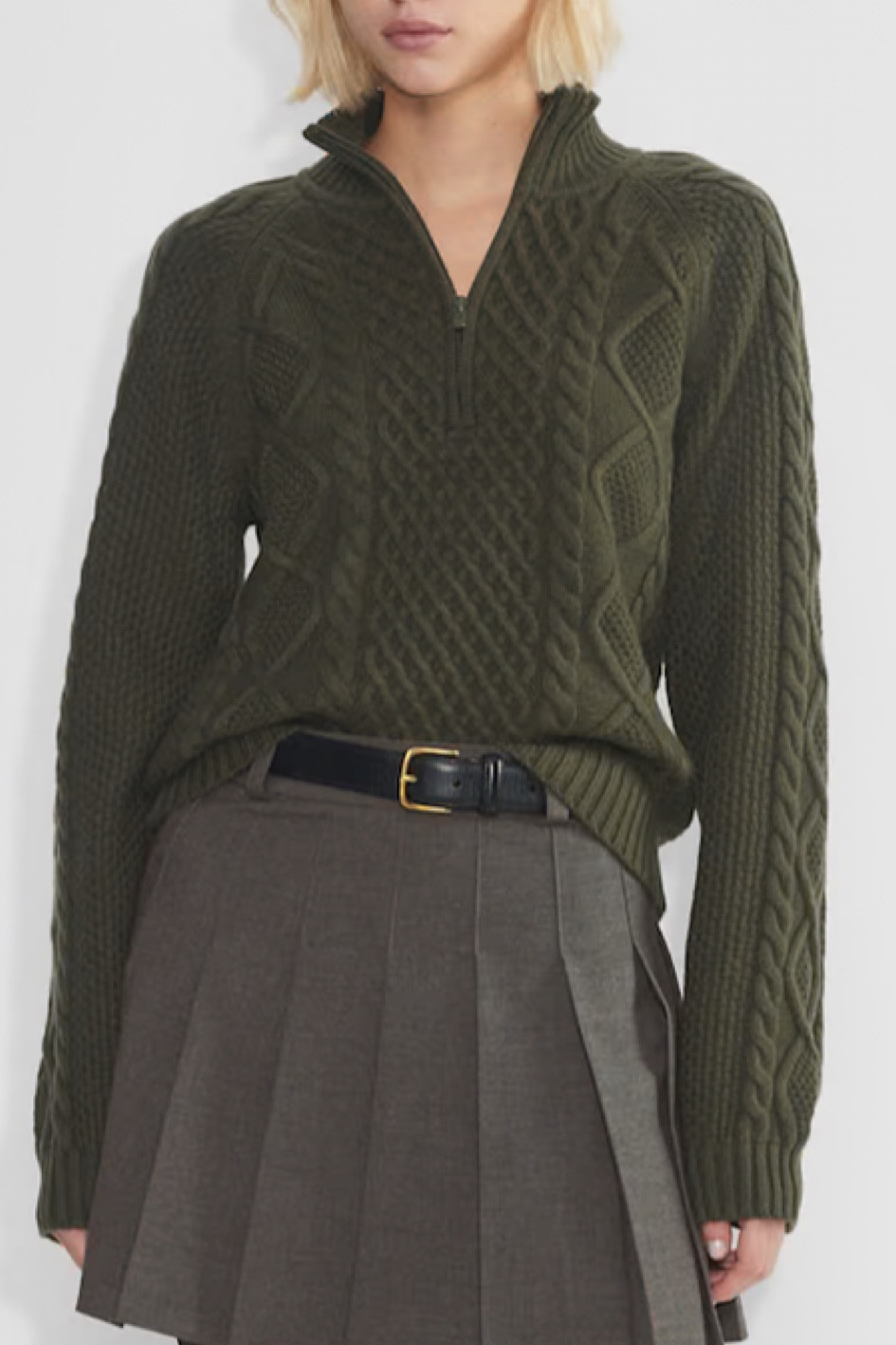 1/4 zip sweater, gray skirt, black belt