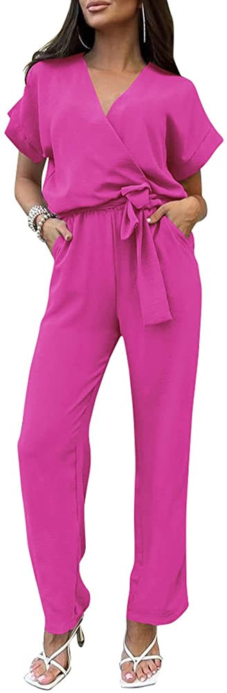 PRETTYGARDEN Women's 2023 Summer Jumpsuit Casual Short Sleeve Wrap V Neck Belted Wide Leg Pants R... | Amazon (US)