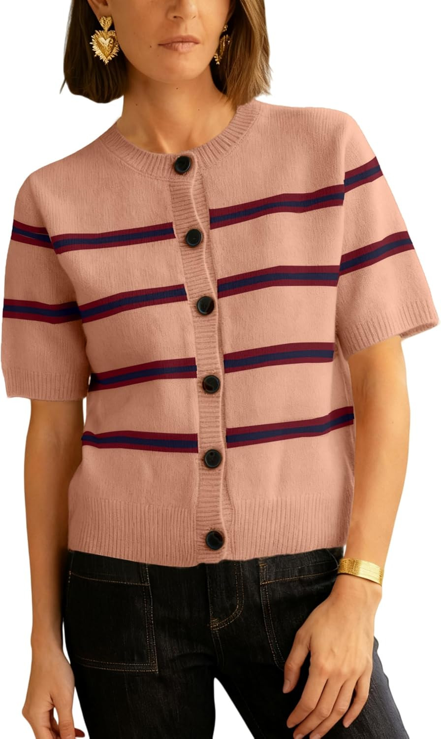 Lianlive Striped Cardigan Sweater for Women Casual Crewneck Short Sleeve Knit Tops Button-Down Fall Knitwear Cardigans | Amazon (US)