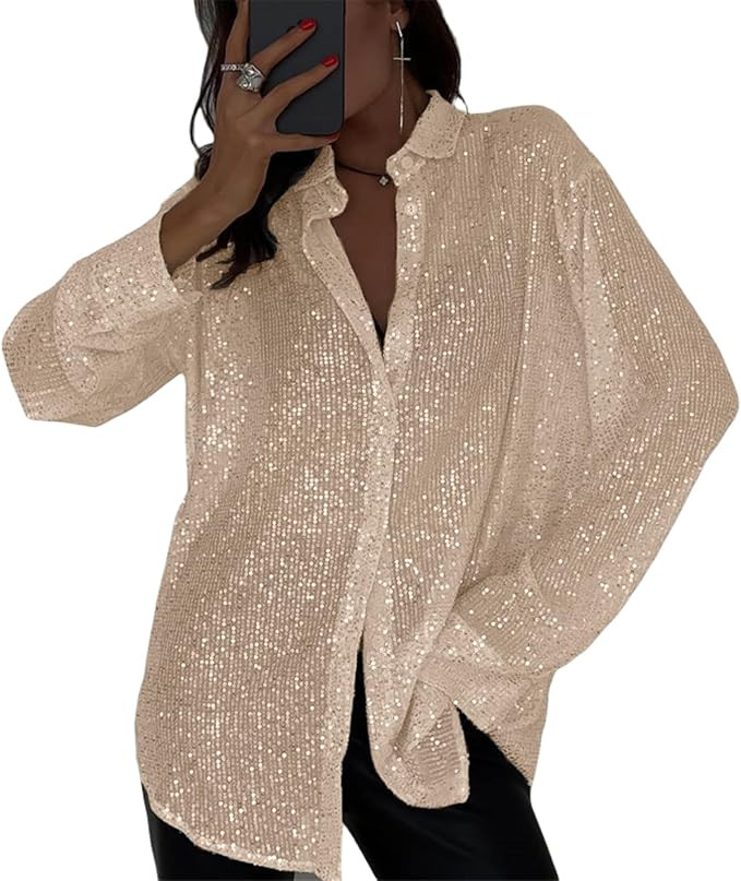 Womens Sequins Long Sleeve Collared Shirt Button Down Open Front Shirt Loose Blouses Shirts Tops | Amazon (US)
