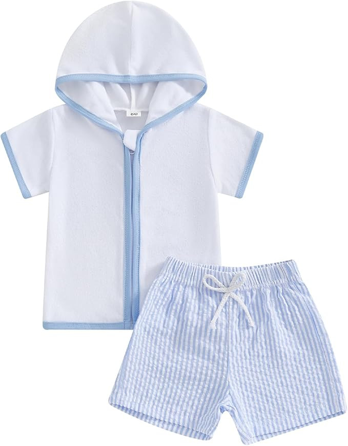 Toddler Baby Boy Girl Swim Cover Up Towel Terry Zipper Hooded Tops Seersucker Gingham Shorts Set ... | Amazon (US)
