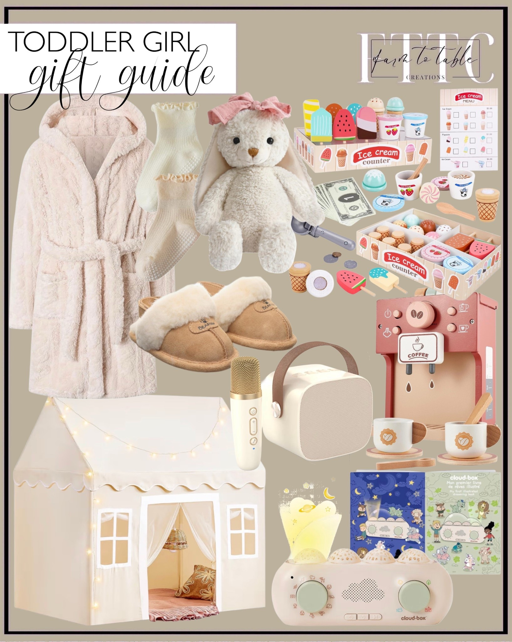 Toddler Girl Gift Guide (Adorable Amazon Finds!)
Follow @farmtotablecreations on Instagram for more home & gift inspiration.

The sweetest little gifts for the tiniest girls on your list. Soft robes, cozy slippers, a darling stuffed bunny, play tents, musical toys, and the cutest pretend-play sets—everything charming, imaginative, and perfect for creating cozy holiday memories. These are the gifts that spark creativity, keep them busy, and make their little eyes light up with joy.

#toddlergirlgifts #giftguide2025 #amazonfinds #amazonforkids #toddlertoys #giftideasforkids #holidaygiftguide #christmasgiftsforkids #amazonmusthaves #playroomideas #kidschristmasgifts

#LTKGiftGuide #LTKFindsUnder50 #LTKKids