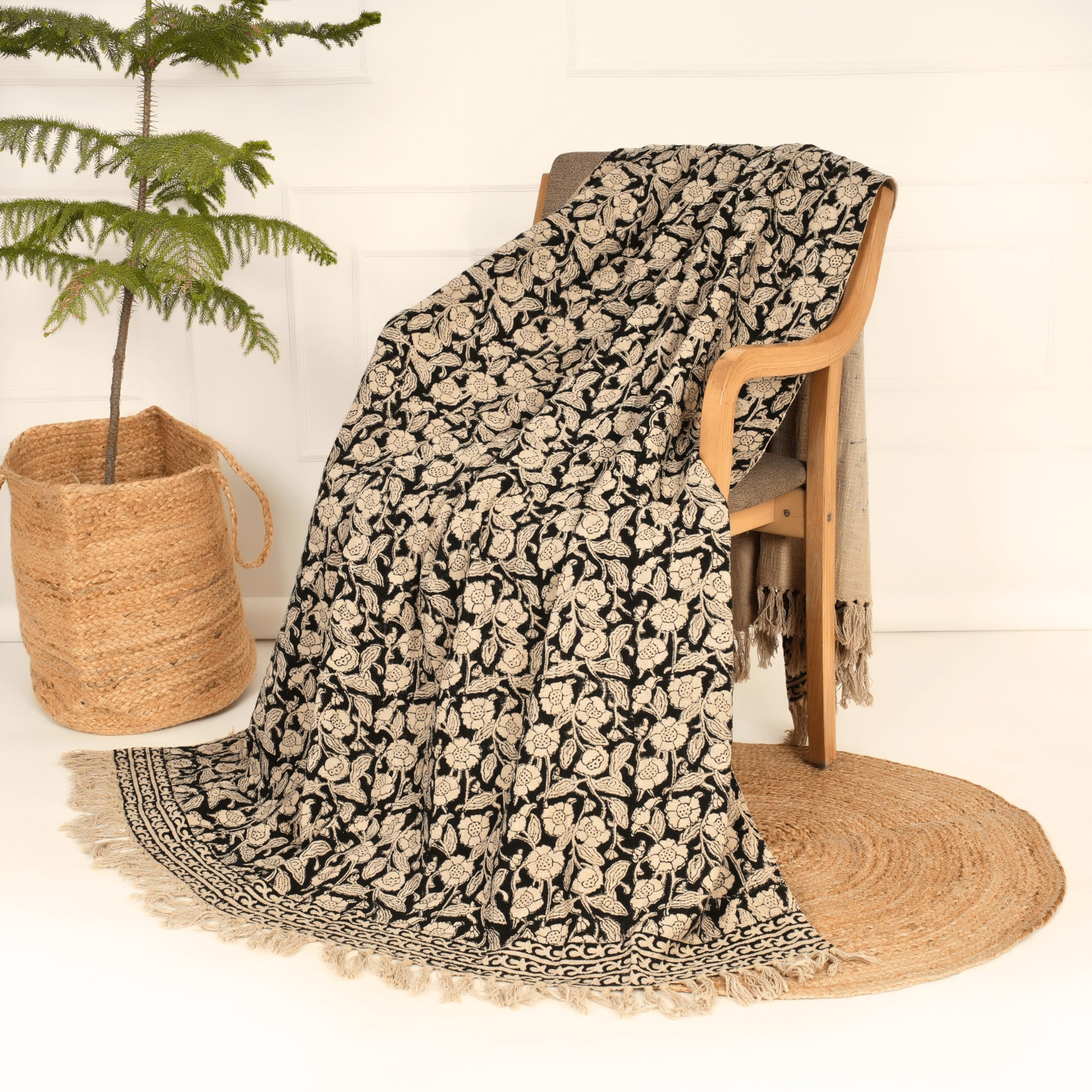 Amazon.com: SARVAA 100% Cotton Throw Blanket for Couch and Bed \u2013 Handcrafted Floral Design, Lightweight Decorative Sofa Throw with Tassels \u2013 Soft & Breathable Woven Blanket (47x71 Inches, Black & Beige) : Home & Kitchen | Amazon (US)