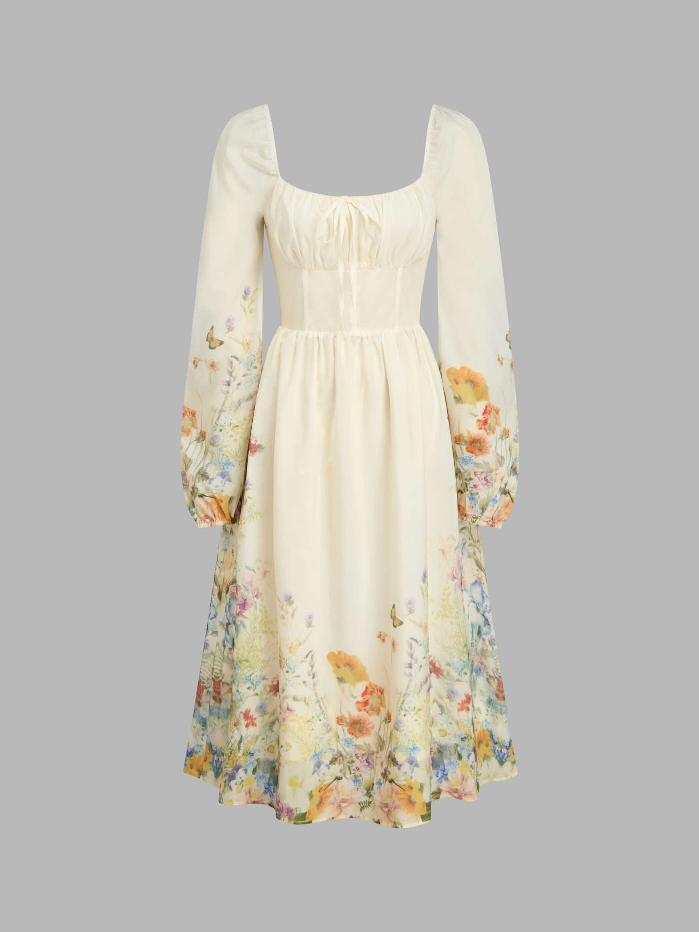 U-neckline Butterfly Floral Knotted Shirred Midi Dress | Cider