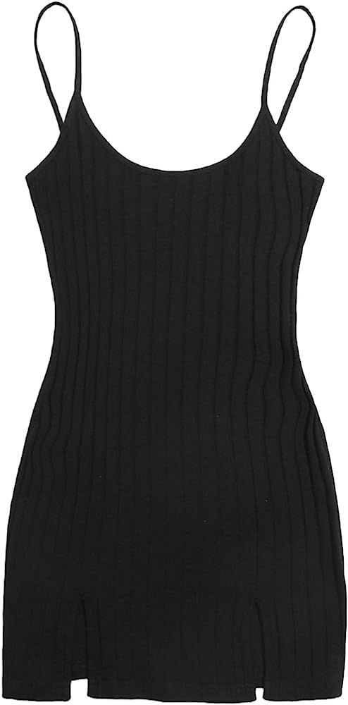 SheIn Women's Sleeveless Straps Cami Dress Bodycon Split Hem Rib Knit Mini Dress | Amazon (US)