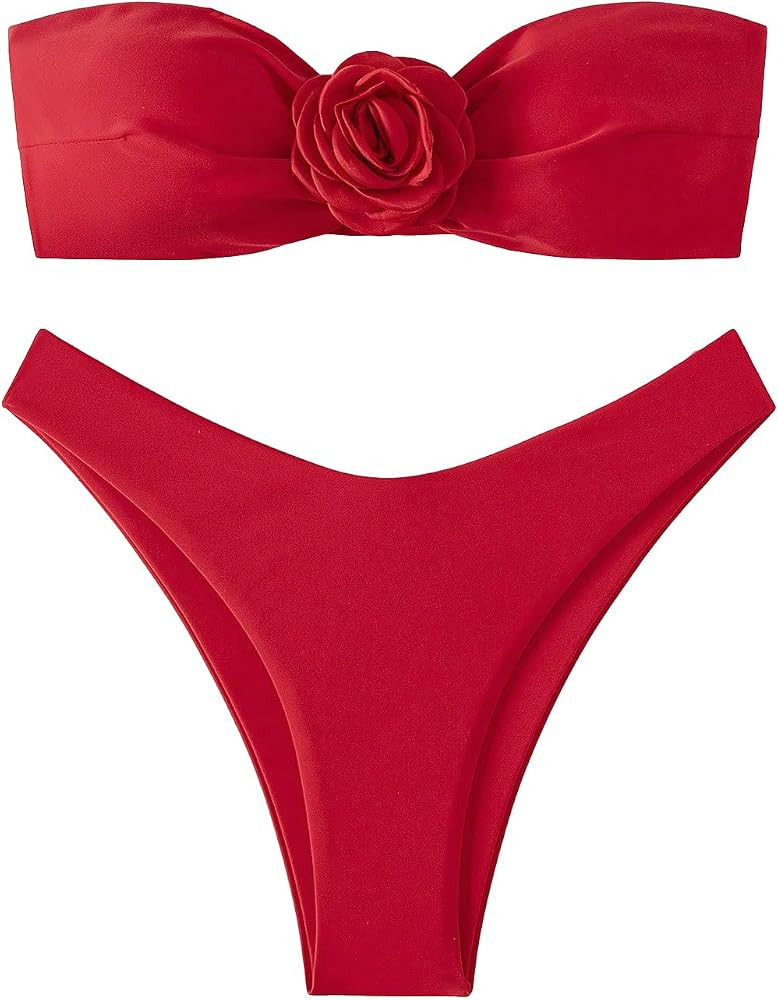 OYOANGLE Women's 2 Piece Bikini Sets 3D Floral Appliques Strapless Sleeveless High Cut Solid Band... | Amazon (US)