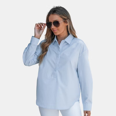 Women's Blue Collared Hidden Button Long Sleeve Shirt - Cupshe-M-Blue | Target