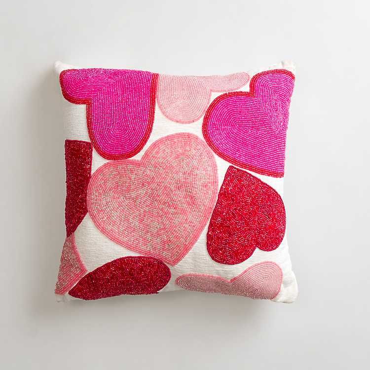 New! Pink & Red Beaded Hearts Throw Pillow | Kirkland's Home
