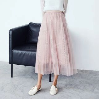 Beaded Tulle-Overlay Midi Skirt | YesStyle Global