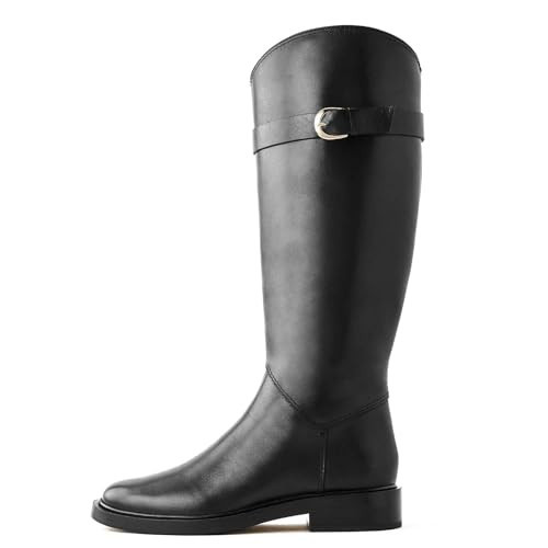 Caradise Black Knee High Boots for Women Round Toe Low Heel Flat Tall Black Boot Side Zipper Fall Winter Riding Boots Black Size 9 | Amazon (US)