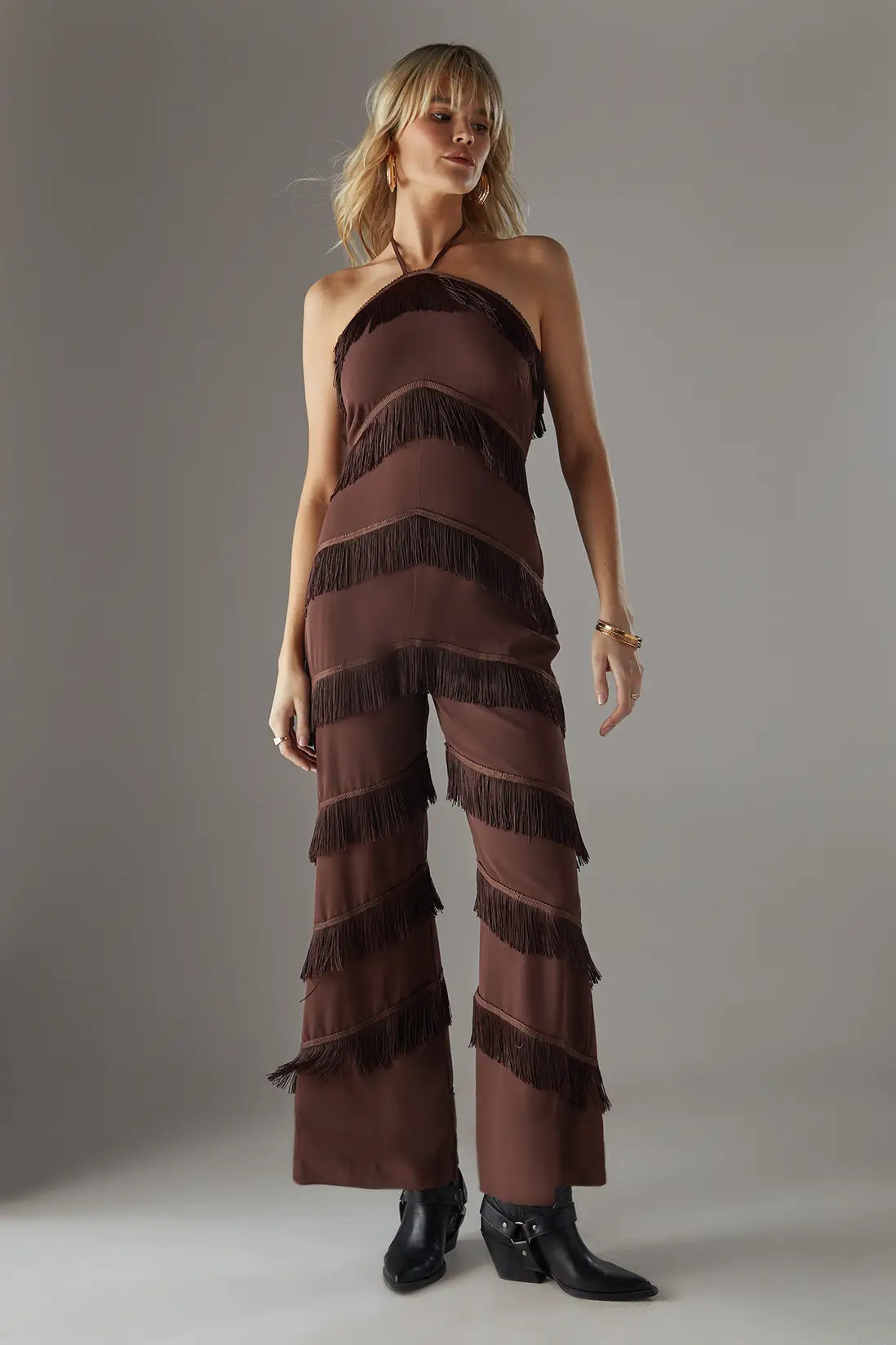 Chocolate Warehouse Premium Fringe Halter Jumpsuit | Boohoo USA | boohoo (US & Canada)