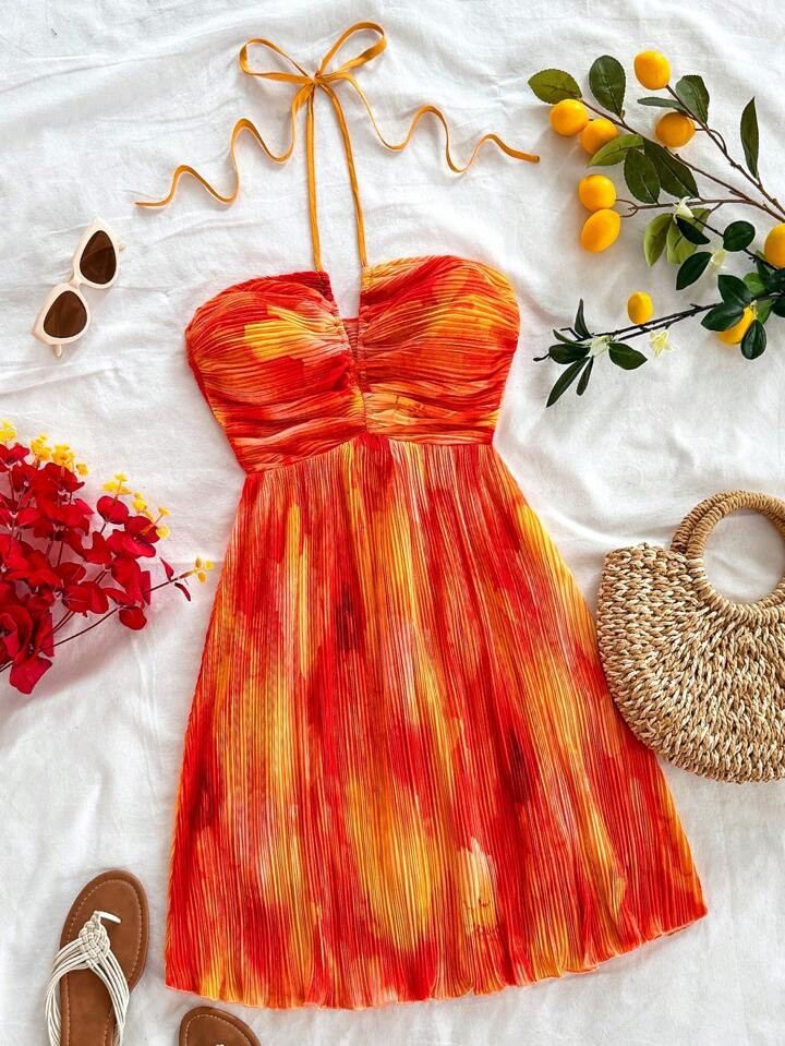 Soleia Women's Summer Beach Vacation Tie-Dye A-Line Flowy Halter Mini Dress, Sexy And Cute For Lu... | SHEIN