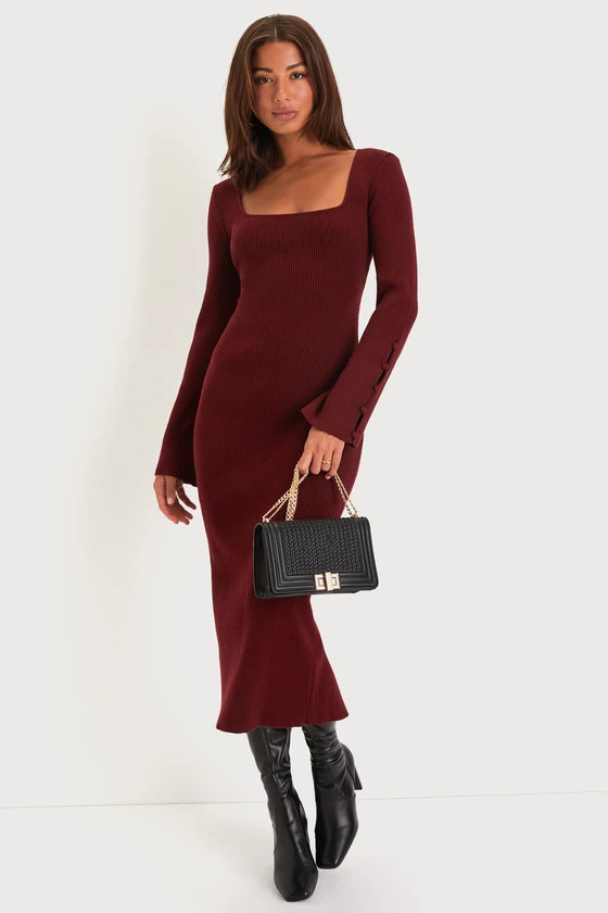 Classy Attitude Burgundy Ribbed Square Neck Midi Sweater Dress | Lulus