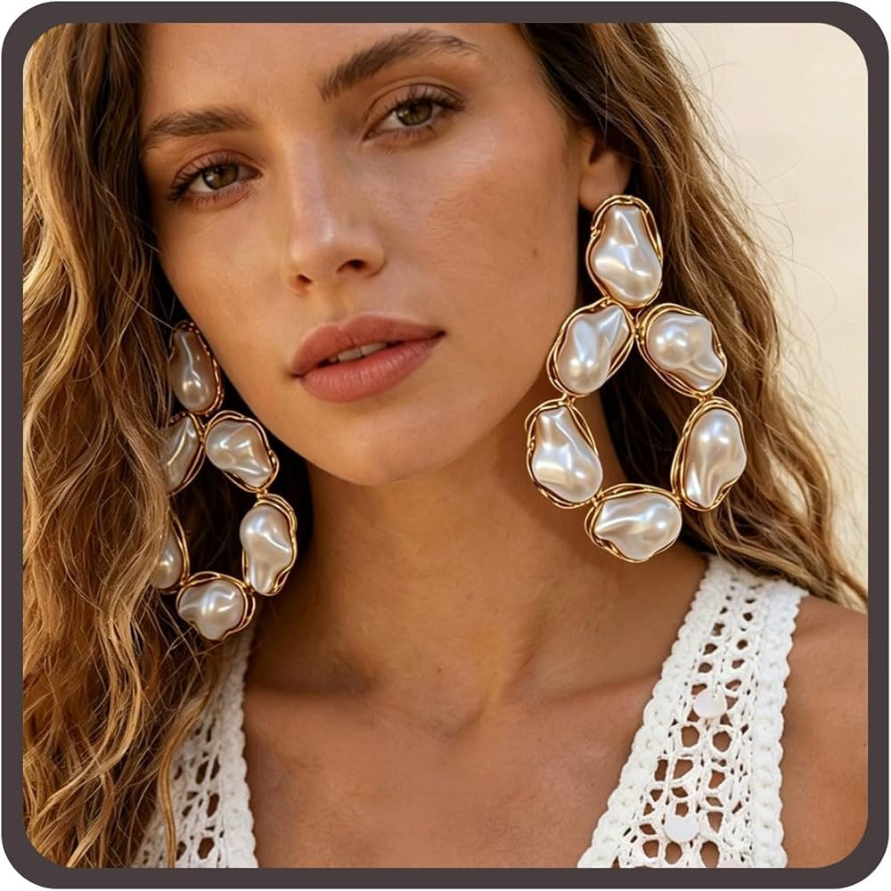 Chunky Baroque Pearl Hoop Earrings for Women, Vintage Gold Asymmetrical Hollow Circle Dangle Tass... | Amazon (US)
