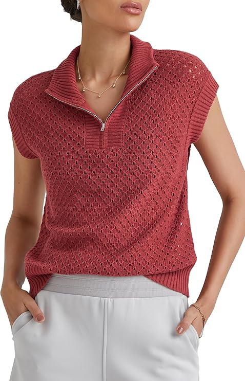 Arach&Cloz Womens Summer Cap Sleeve Sweater Vest 2025 Spring Casual Quarter Zip Hollow Out Croche... | Amazon (US)