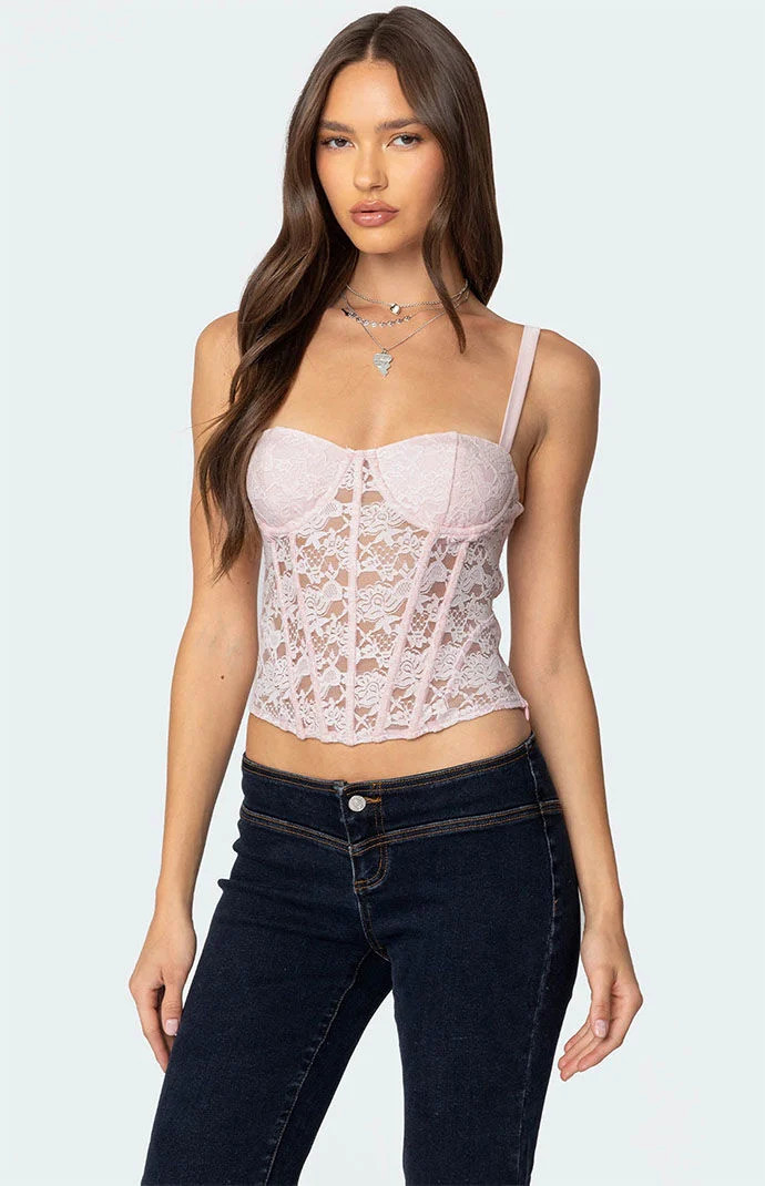 Edikted Women's Drew Sheer Lace Cupped Corset in Light Pink - Size Large | PacSun