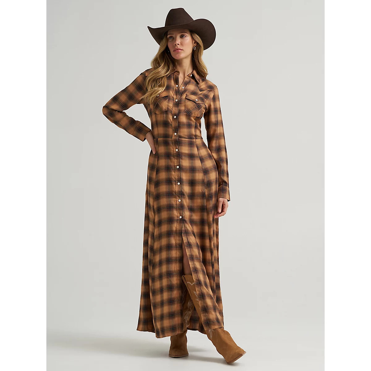 Women's Western Flannel Maxi Shirt Dress in Brown | Wrangler