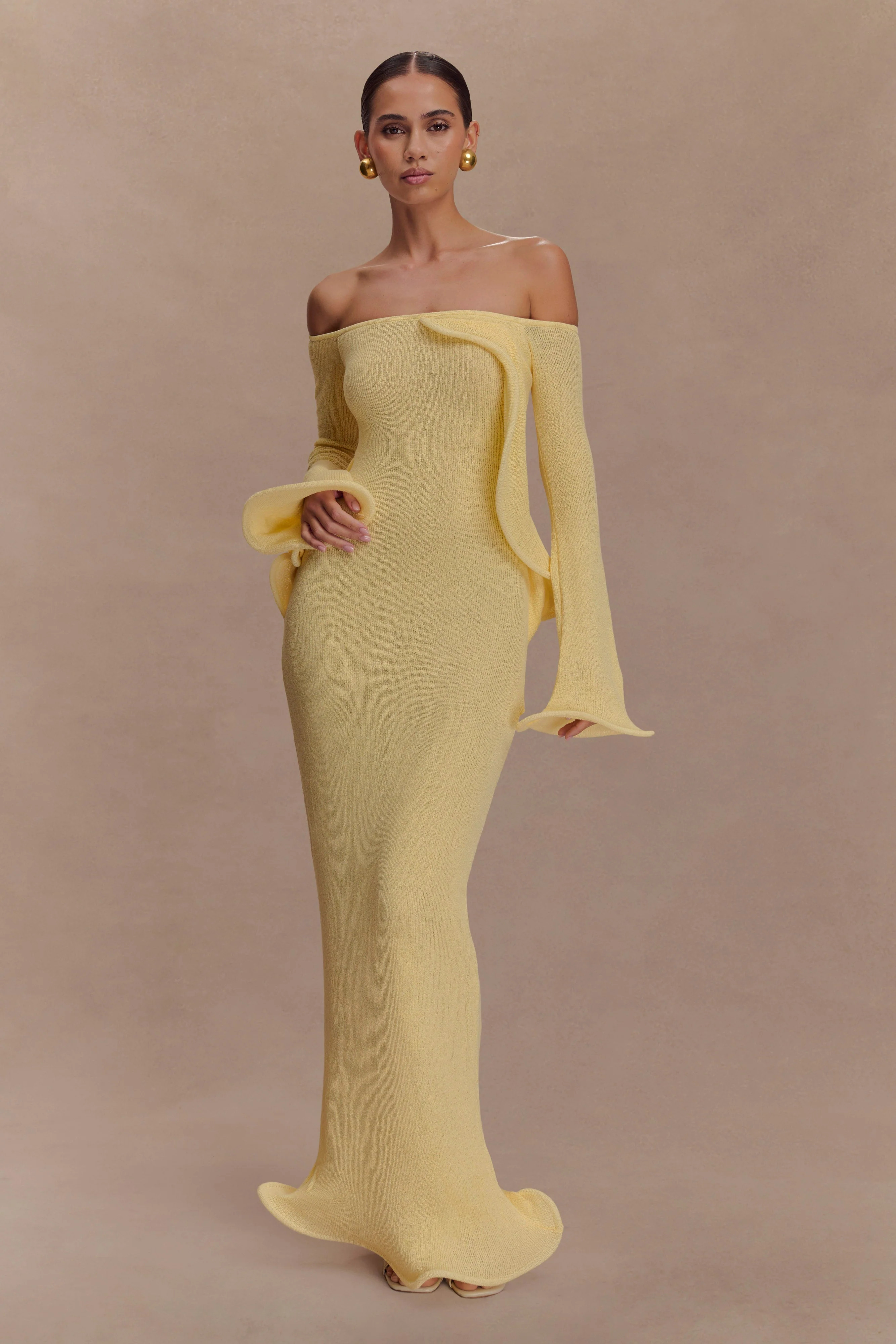 Sandrine Off Shoulder Knit Maxi Dress - Lemon | MESHKI US