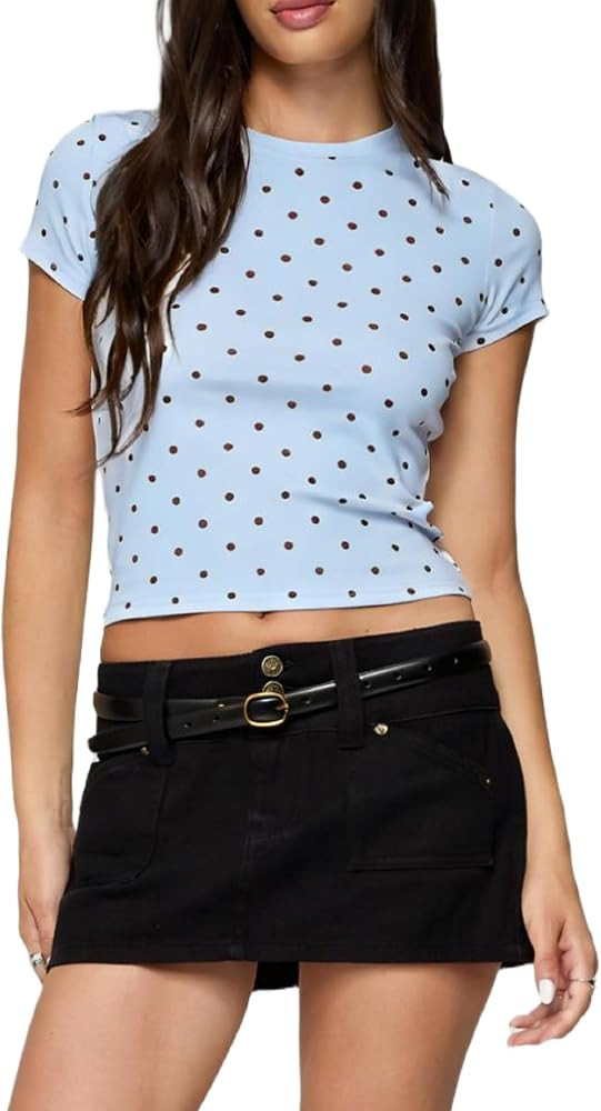 UAURORAO Women Polka Dot T Shirt Short Sleeve Stretch Slim Fit Crop Tee Tops Vintage Coquette Aes... | Amazon (US)