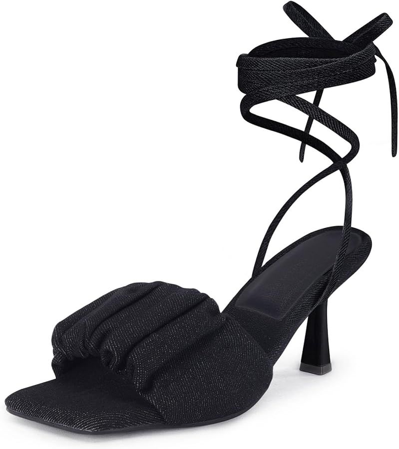 Coutgo Womens Strappy Heels Lace up Sandals Denim Square Open Toe Tie-up Heels Kitten Low Heel An... | Amazon (US)