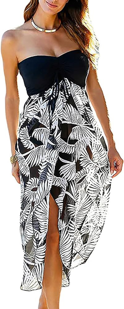 Women's Beach Dress Summer Maxi Sundress Strapless Hawaiian Cover Ups Asymmetrical Wrap Dresses | Amazon (US)