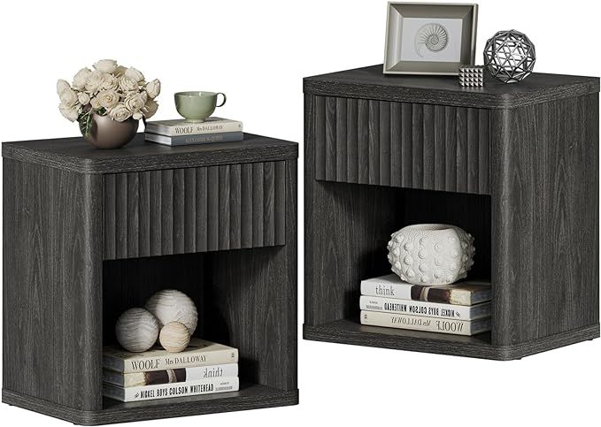 SICOTAS 2 Pack Modern Wood Wide Dark Grey Alder Nightstands with Drawer Storage for Bedroom Livin... | Amazon (US)