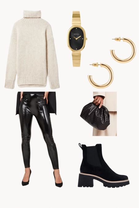 Holiday Outfit — oversized sweater, leather leggings, boots, black clutch, gold accessories ❣️

#LTKHoliday #LTKstyletip #LTKSeasonal