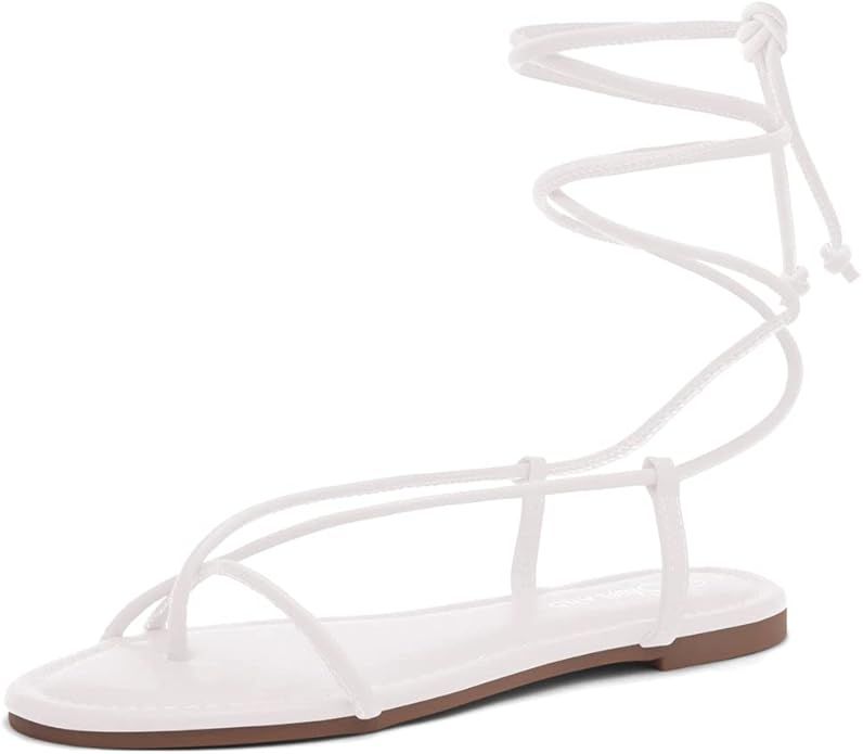 Shoe Land SL-Auday Womens Lace Up Flat Sandals Open Toe Tie Up Ankle Wrap Flat Sandals Black Whit... | Amazon (US)