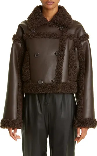 Kristy Double Breasted Faux Leather Crop Jacket with Faux Shearling Trim | Nordstrom