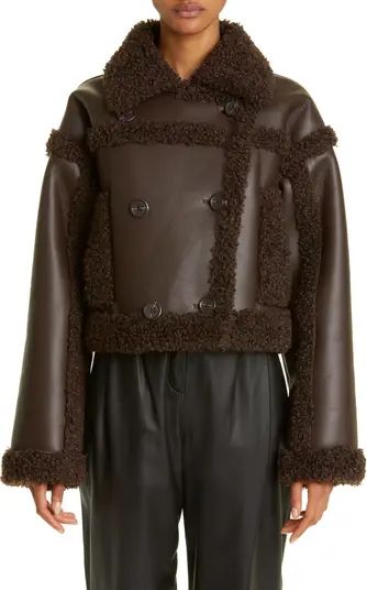 Kristy Double Breasted Faux Leather Crop Jacket with Faux Shearling Trim | Nordstrom