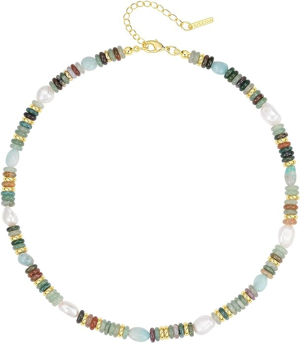 KissYan Beaded Gemstone Necklace for Women, Colorful Boho Bead Choker Necklace Natural Stone Fres... | Amazon (US)