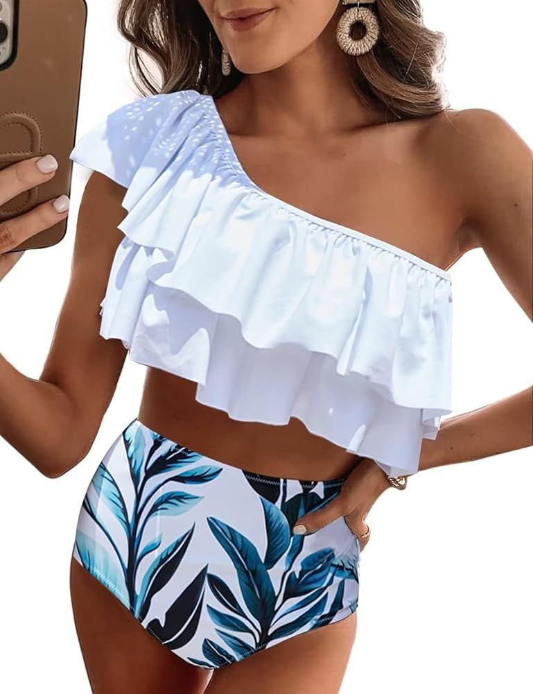 VIMPUNEC Ruffle One Shoulder Swimsuits for Women Cute High Waisted Two Piece Bathing Suits | Amazon (US)