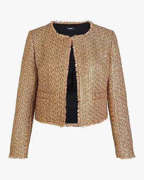 Metallic Tweed Fringe Trim Jacket | Express