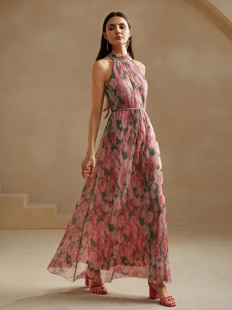 Anewsta Spring/Summer Pleated Blue Floral Print Maxi Dress, Elegant Dress For Valentine's Day | SHEIN