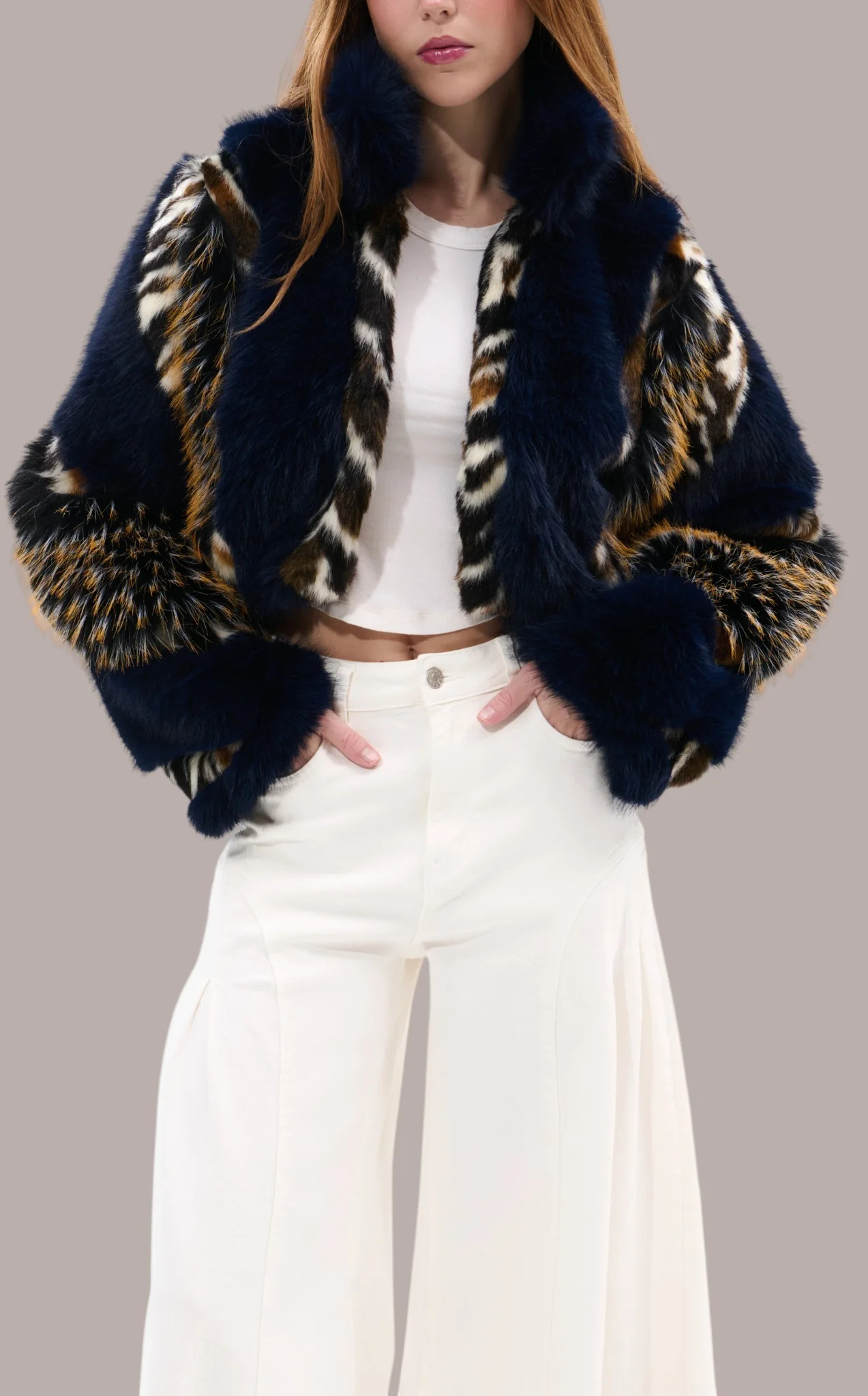 CHIARA-NAVY CROPPED FAUX FUR JACKET | Azalea Wang
