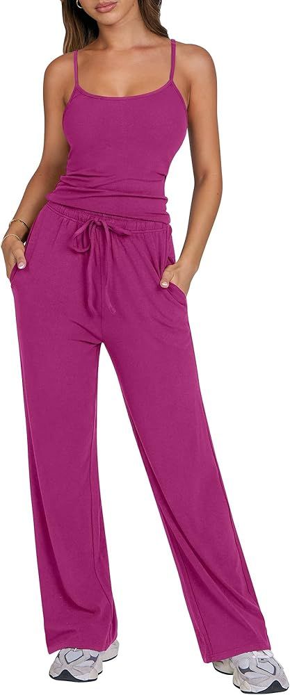 ANRABESS Women Summer 2 Piece Outfits Lounge Spaghetti Strap Cropped Top Wide Leg Pant Matching T... | Amazon (US)