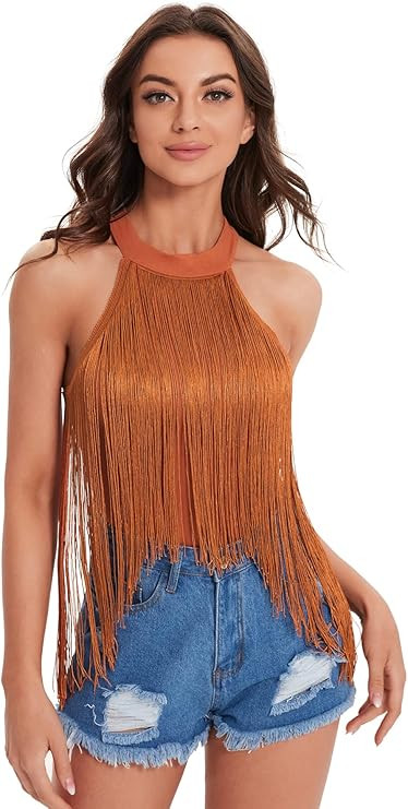 Verdusa Women's Fringe Trim Sleeveless Bodycon Halter Bodysuit Top | Amazon (US)