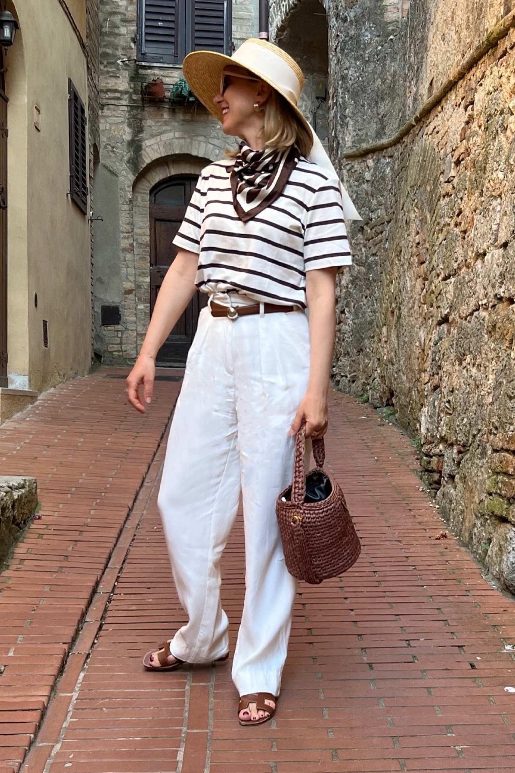 Stripe T-Shirt , Panama Hat, Brown color trend, crochet basket bag

#LTKeurope #LTKstyletip