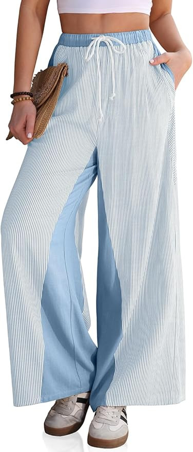 TARSE Women’s Linen Wide Leg Pants Striped Drawstring Elastic Waist Loose Fit Summer Boho Casua... | Amazon (US)
