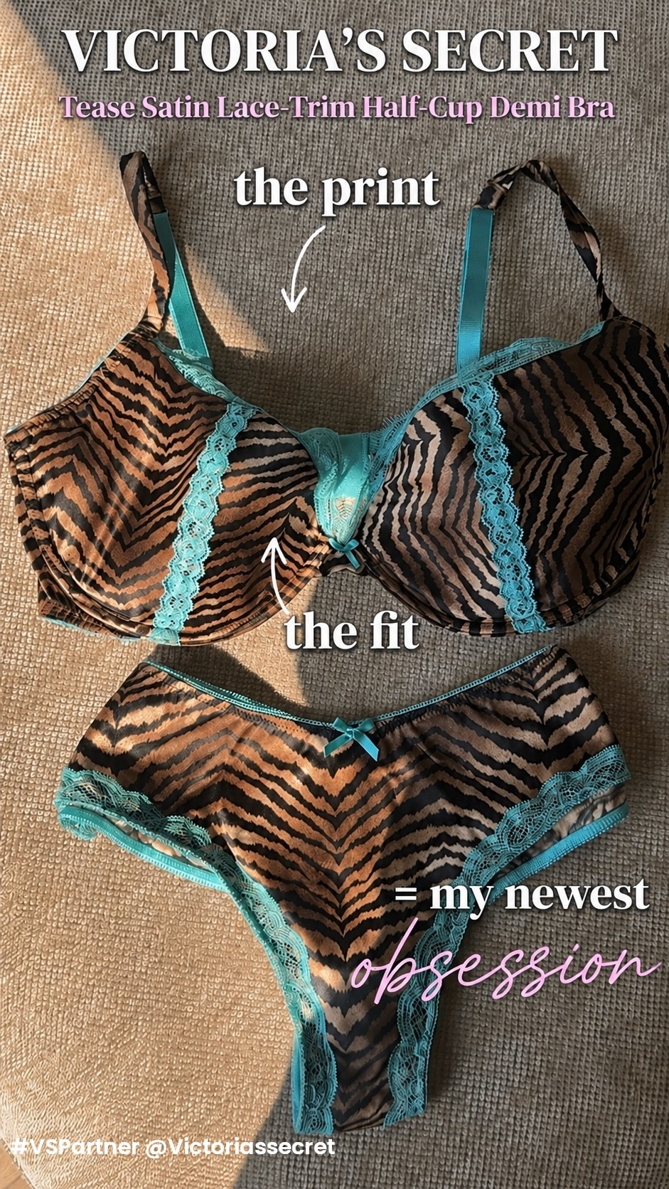 @victoriassecret  #VSPartner print, the fit, the DETAILS 😍 The Victoria’s Secret Tease Satin Lace-Trim Half-Cup Demi Bra in Tiger Stripe is such a flattering fit, and the satin feels so smooth and luxe. Paired with the matching Tease Satin Lace-Trim Cheeky Panty, the pop of Scuba Blue lace against the tiger print is everything! 🐯💙

#LTKPetite #LTKBeauty #LTKgrwm