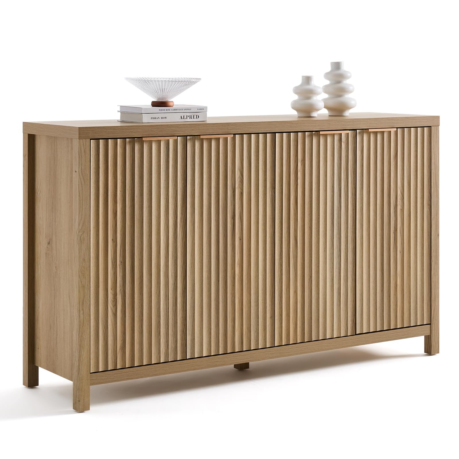 Buffet Cabinet Fluted Sideboard 56" Accent Cabinet with Adjustable Shelves 4 Doors Modern Storage... | Amazon (US)