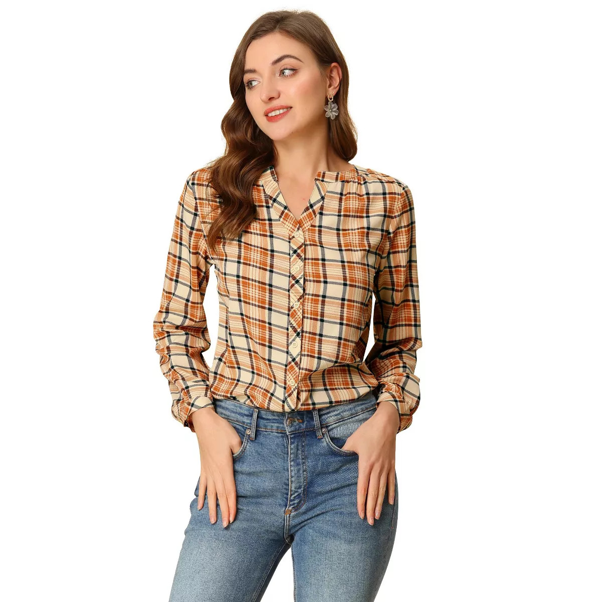 Allegra K Women's Casual Plaid Blouse Button Up V-Neck Long Sleeve Western Shirt | Target