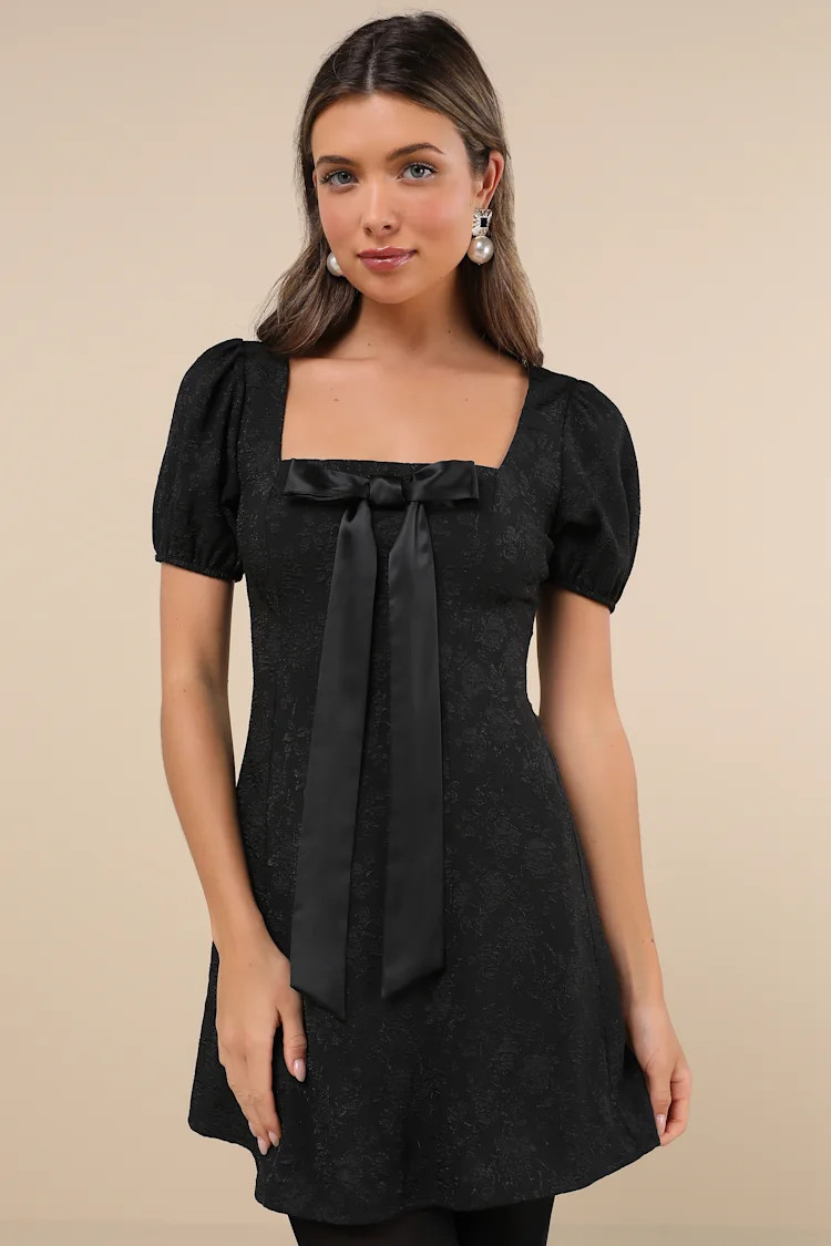 Polished Sweetie Black Jacquard Bow Puff Sleeve Mini Dress | Lulus