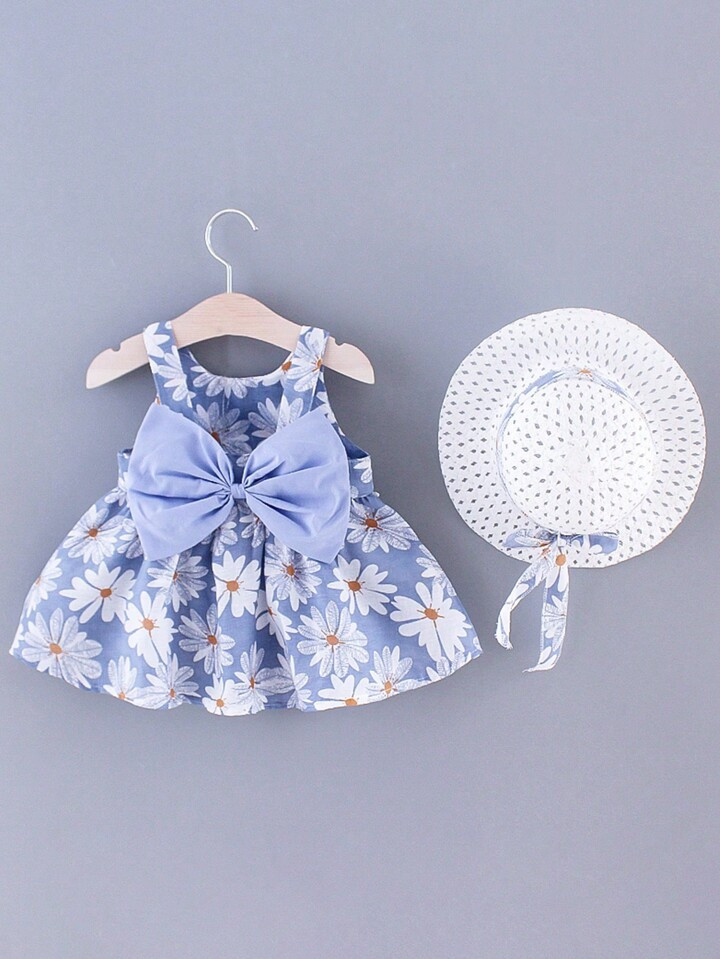 2pcs Young Girl Summer Floral Sleeveless Dress With Bow And Hat(Hat With Elastic Band) | SHEIN
