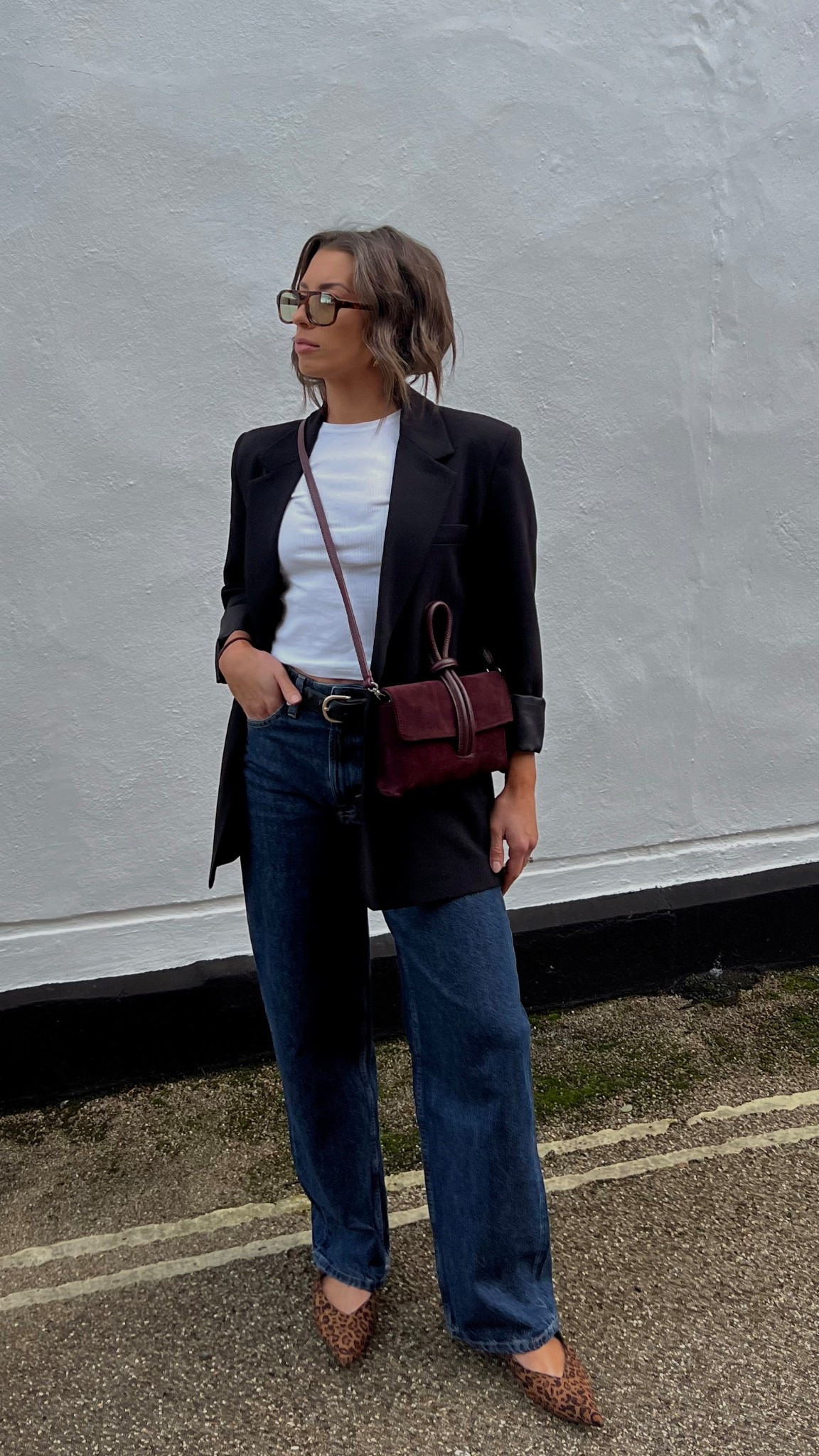 Casual day outfit. Autumn style. Fall style. Fall outfit inspo. Autumn outfit inspo. Burgundy purse. Leopard shoes. Leopard flat slingbacks. Dark denim. Baggy denim. Baggy jeans. Vehla glasses. Vehla eyewear. Weekend style. Everyday outfit inspo. Everyday style. Autumn trends. 

#LTKShoeCrush #LTKFindsUnder100