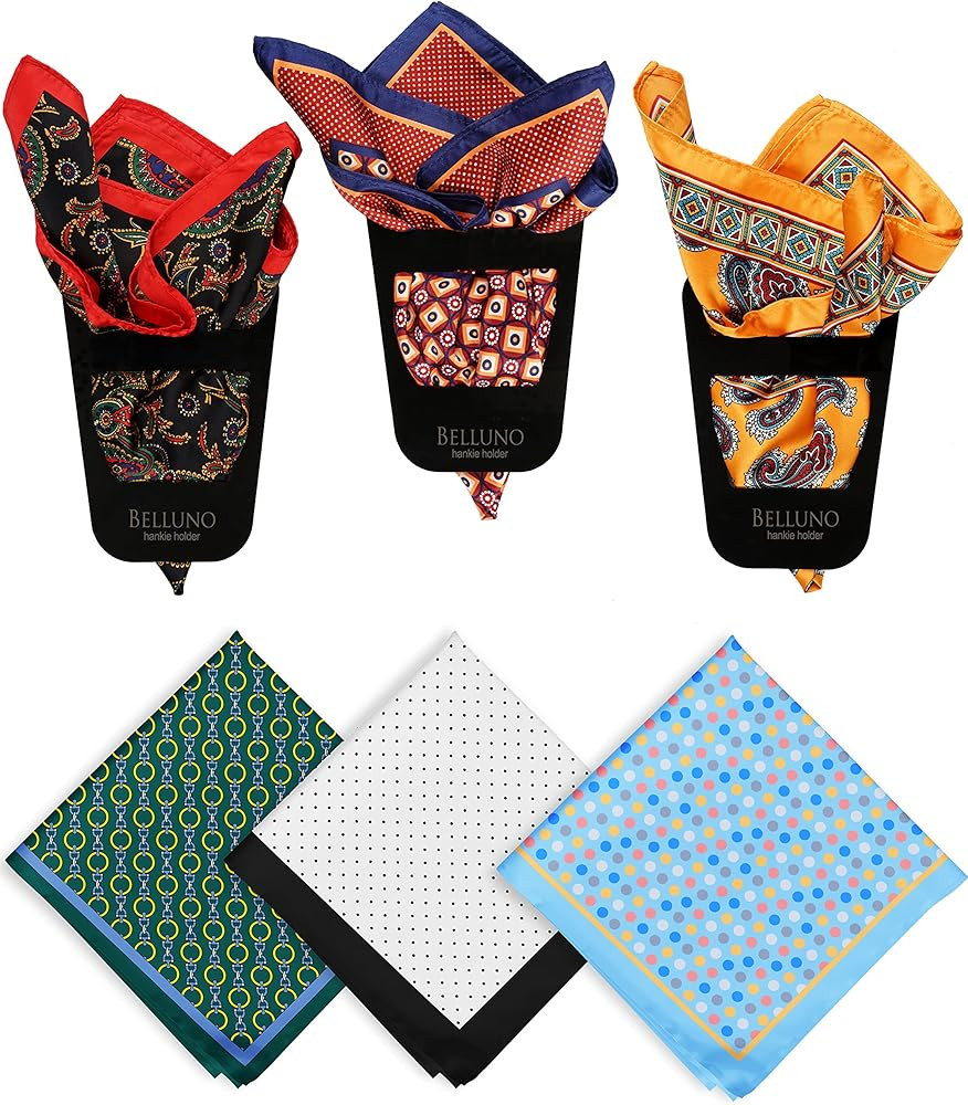 BELLUNO Pocket Square 6 pcs with 3 Folds Holders, Penetrating Printed Handkerchiefs Set for Men | Amazon (US)