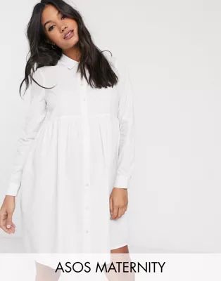 ASOS DESIGN Maternity cotton mini smock shirt dress in white | ASOS (Global)