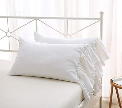 White Bed Pillow Covers Shams Cases with Long Ruffles Standard Size Cotton Shabby Chic Pillowcase... | Amazon (US)