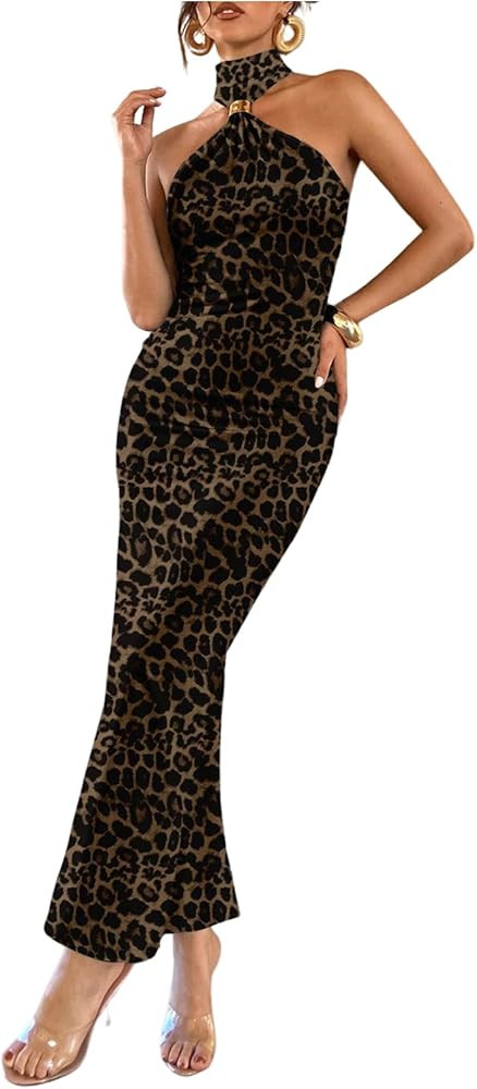 Floerns Women's Cheetah Halter Dress Sleeveless Leopard Bodycon Night Out Maxi Dresses | Amazon (US)